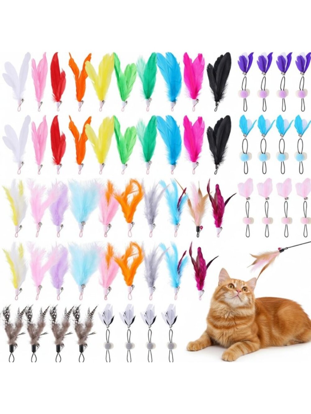 Colorful Cat Wand Feather Toy Refills - 60 Pcs Interactive Teaser Attachments